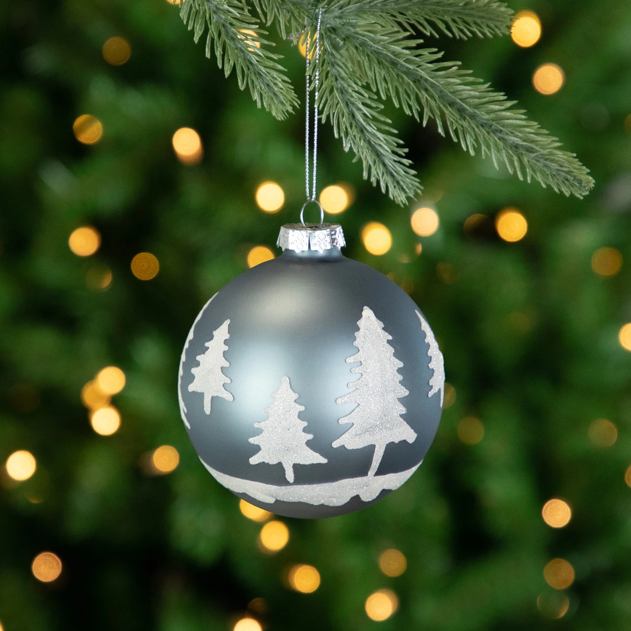 4" Slate Blue With Glittered Trees Glass Ball Christmas Ornament 4 4" Slate Blue With Glittered Trees Glass Ball Christmas Ornament - Image 2