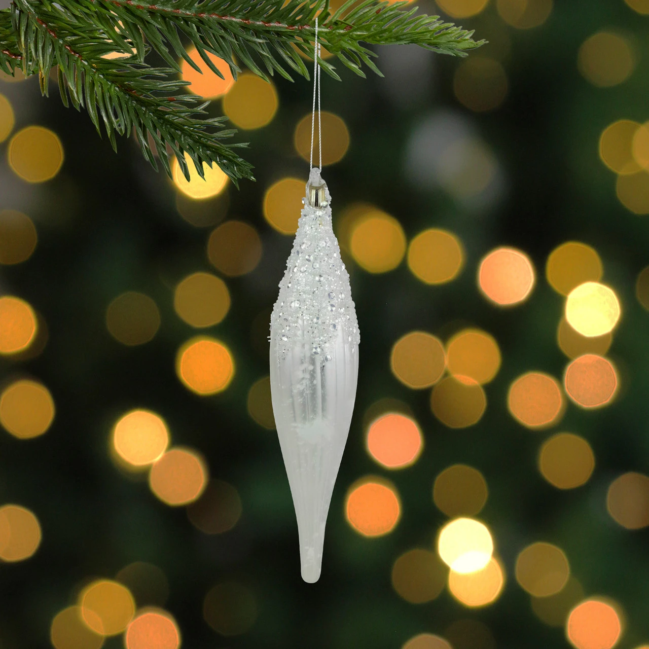 9.5" Matte White Sequin And Glitter Finial Glass Christmas Ornament 4 9.5" Matte White Sequin And Glitter Finial Glass Christmas Ornament - Image 2
