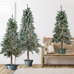 Set Of 3 Pre-Lit Slim Flocked Alpine Artificial Christmas Trees 6' - Multicolor Lights