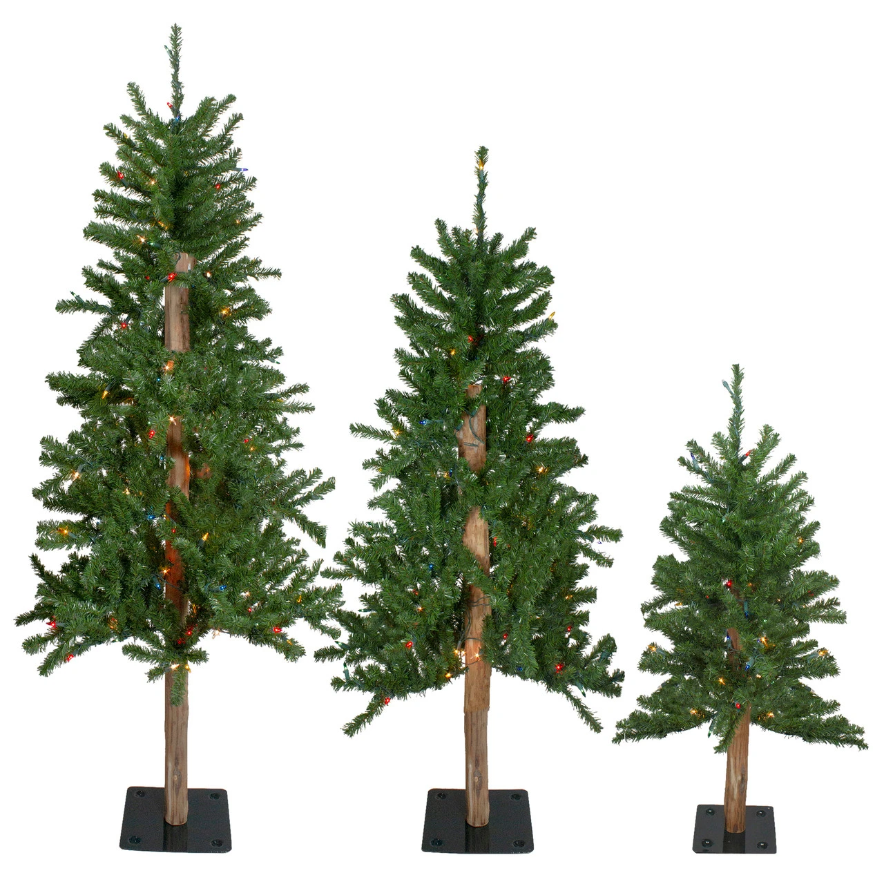 Set Of 3 Pre-Lit Slim Alpine Artificial Christmas Trees 5' - Multicolor Lights 3 Set Of 3 Pre-Lit Slim Alpine Artificial Christmas Trees 5' - Multicolor Lights