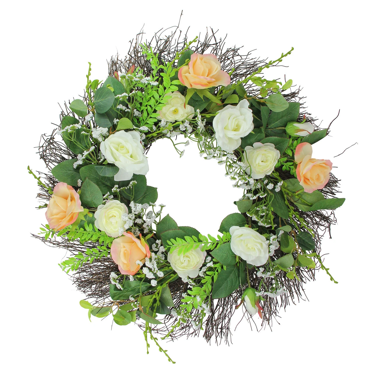 Rose And Foliage Artificial Spring Wreath - 24-Inch, Unlit 3 Rose And Foliage Artificial Spring Wreath - 24-Inch, Unlit