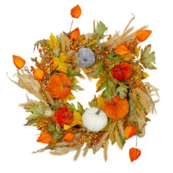 Velvet Pumpkins And Wheat Artificial Fall Harvest Wreath - 24-Inch, Unlit