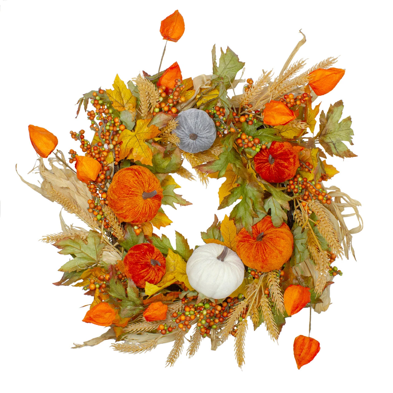 Velvet Pumpkins And Wheat Artificial Fall Harvest Wreath - 24-Inch, Unlit 3 Velvet Pumpkins And Wheat Artificial Fall Harvest Wreath - 24-Inch, Unlit