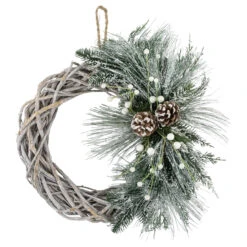 Frosted Pine Cone And Foliage Artificial Christmas Twig Wreath, 15 Inch, Unlit