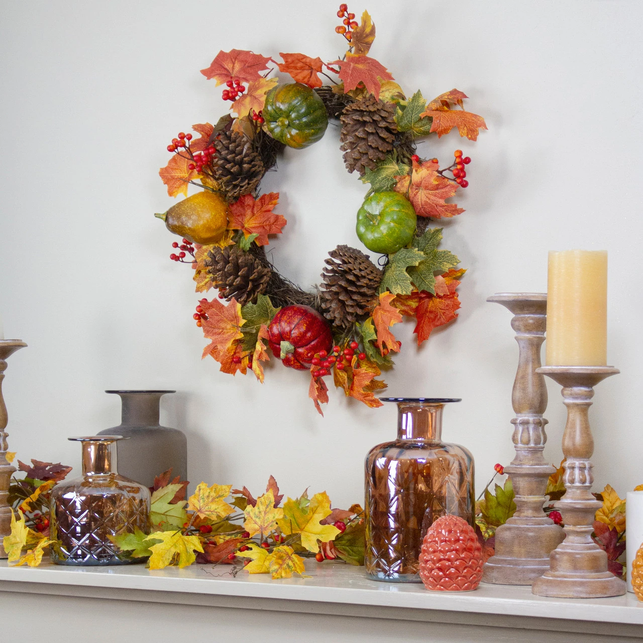 Leaves, Pine Cones And Pumpkins Artificial Fall Harvest Wreath - 20-Inch, Unlit 4 Leaves, Pine Cones And Pumpkins Artificial Fall Harvest Wreath - 20-Inch, Unlit - Image 2