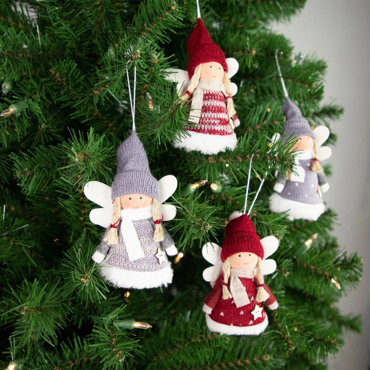 Set Of 4 Red And Gray Plush Angel Christmas Ornaments 4.25" 5 Set Of 4 Red And Gray Plush Angel Christmas Ornaments 4.25" - Image 3