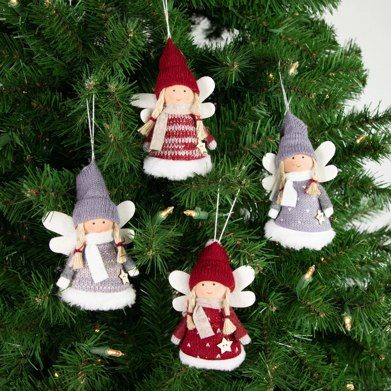 Set Of 4 Red And Gray Plush Angel Christmas Ornaments 4.25" 4 Set Of 4 Red And Gray Plush Angel Christmas Ornaments 4.25" - Image 2