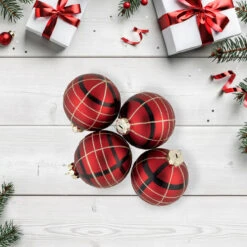4ct Red, Black And Gold Plaid Glass Ball Christmas Ornaments 3.25" 6 4ct Red, Black And Gold Plaid Glass Ball Christmas Ornaments 3.25" -Optimal Christmas Shop northlight wy04160 styled 61212.1677045370