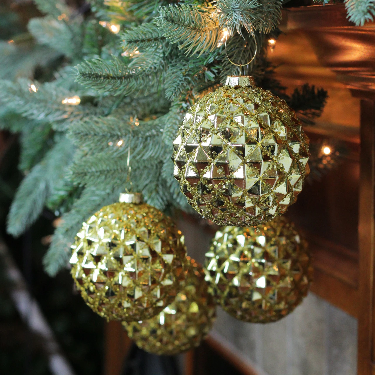 4ct Gold Glitter Flake Christmas Glass Ball Ornaments 4" (100mm) 4 4ct Gold Glitter Flake Christmas Glass Ball Ornaments 4" (100mm) - Image 2