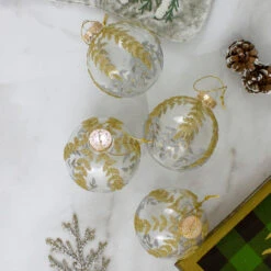 4ct Clear And Gold Glitter Leaves Glass Christmas Ball Ornament 3.25" (80mm) -Optimal Christmas Shop northlight wy27602 3 54209.1667657971