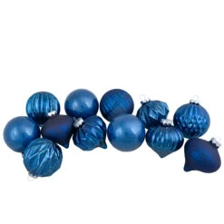 Set Of 12 Blue Finial And Glass Ball Christmas Ornaments