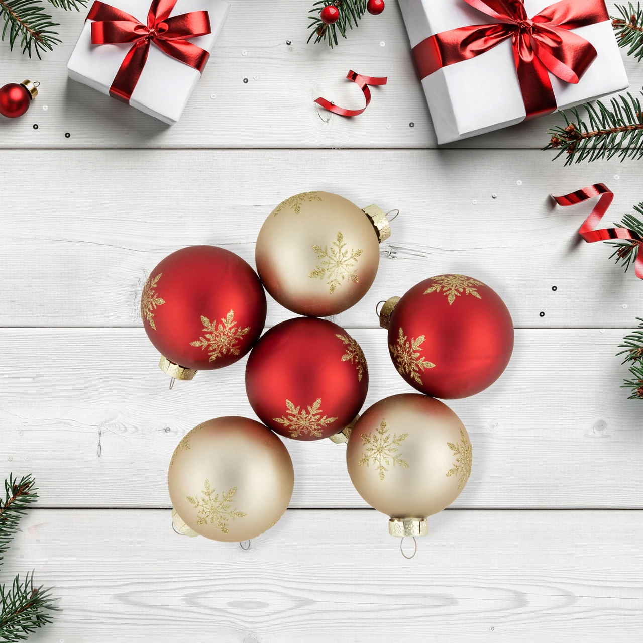 6ct Red And Gold Snowflake Glass Ball Christmas Ornaments 2.5" 4 6ct Red And Gold Snowflake Glass Ball Christmas Ornaments 2.5" - Image 2