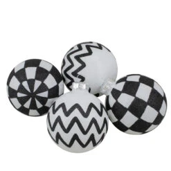 4ct Black And White Zig Zag And Checkered Christmas Glass Ball Ornaments 2.75" (67mm)
