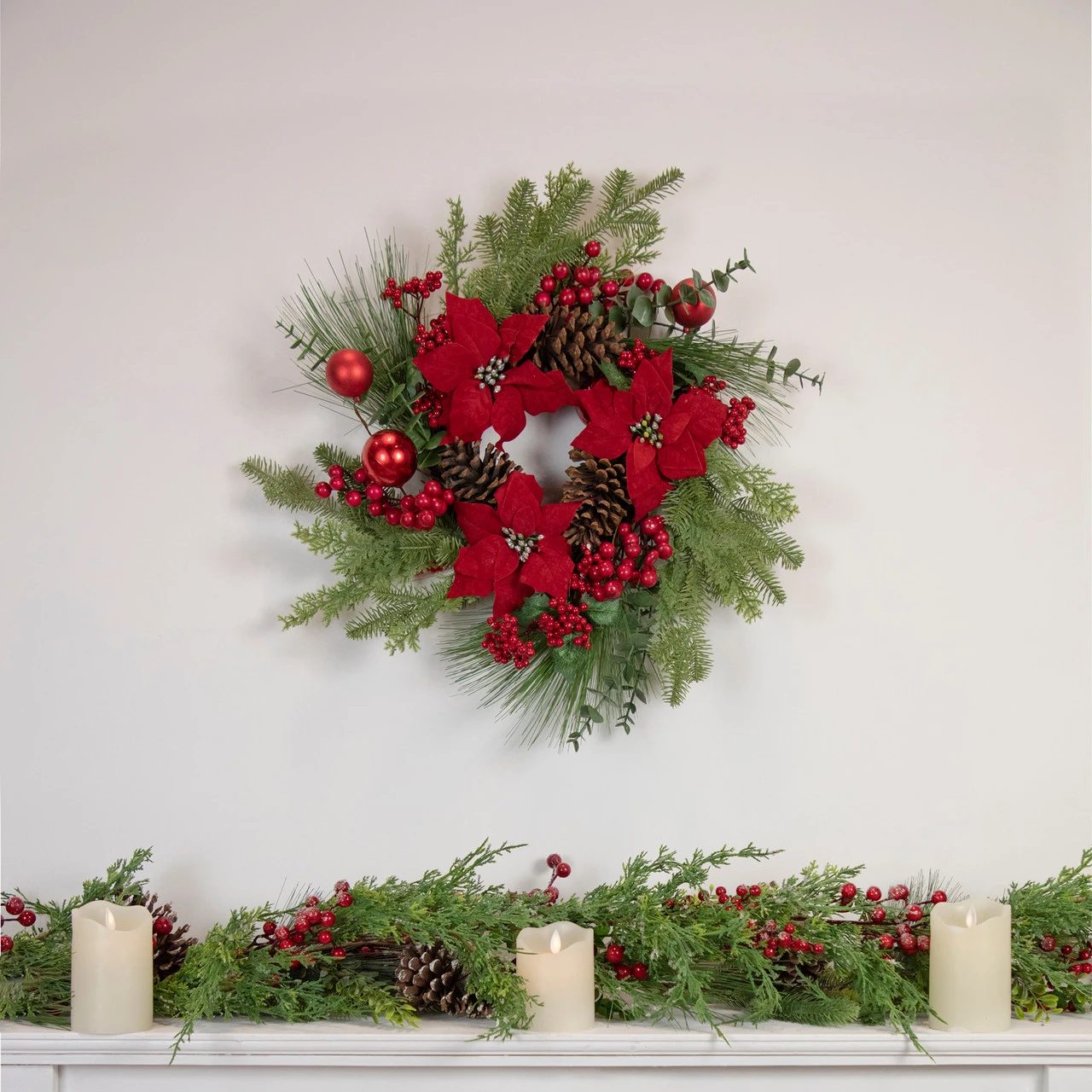 Artificial Red Berry And Poinsettia Christmas Wreath, 22-Inch, Unlit 4 Artificial Red Berry And Poinsettia Christmas Wreath, 22-Inch, Unlit - Image 2