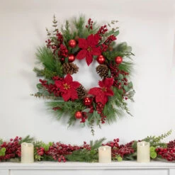 Artificial Red Berry And Poinsettia Christmas Wreath, 28-Inch, Unlit -Optimal Christmas Shop northlight yk93241 style 88512.1667530213