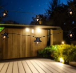 10-Count Black Caged Fisherman Lantern Patio String Light Set, 9' White Wire