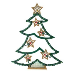17.75" Lighted Green And Gold Christmas Tree With Stars Outdoor Window Silhouette