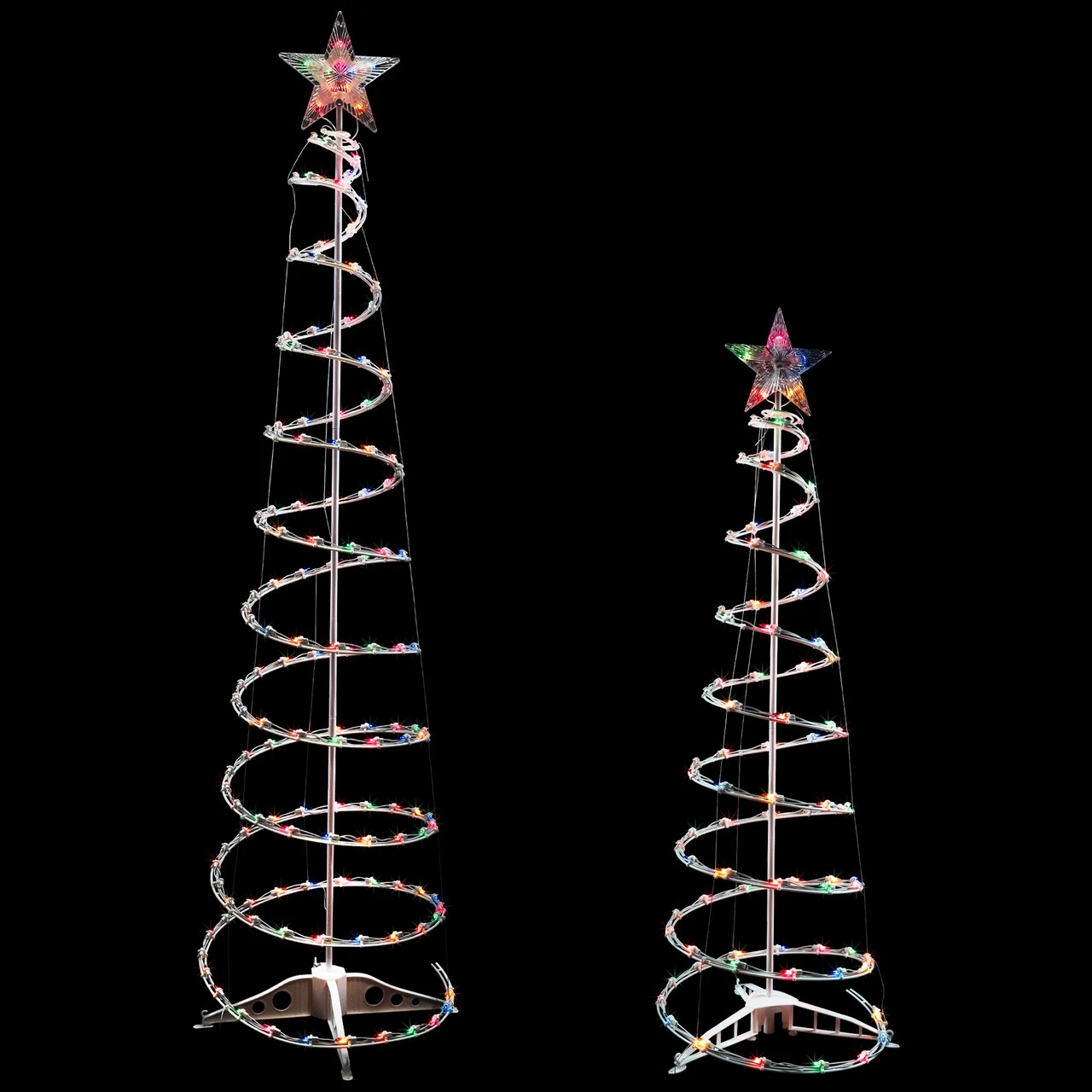 Set Of 2 Lighted Multi-Color Outdoor Spiral Christmas Cone Trees 4', 6' 3 Set Of 2 Lighted Multi-Color Outdoor Spiral Christmas Cone Trees 4', 6'