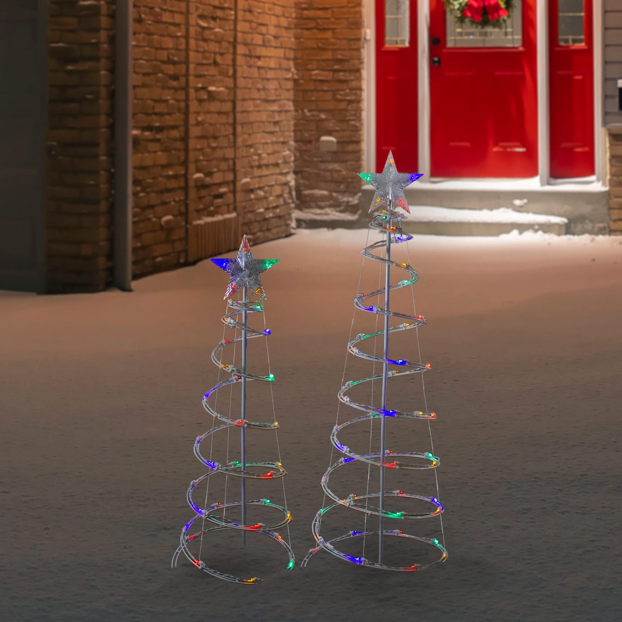 Set Of 2 LED Lighted Multi-Color Outdoor Spiral Christmas Cone Trees 3', 4' 4 Set Of 2 LED Lighted Multi-Color Outdoor Spiral Christmas Cone Trees 3', 4' - Image 2