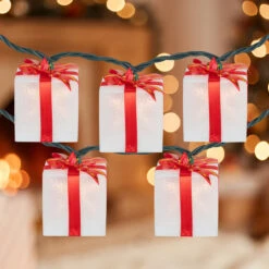 10-Count White And Red Christmas Present Light Set- 7.5ft, Green Wire