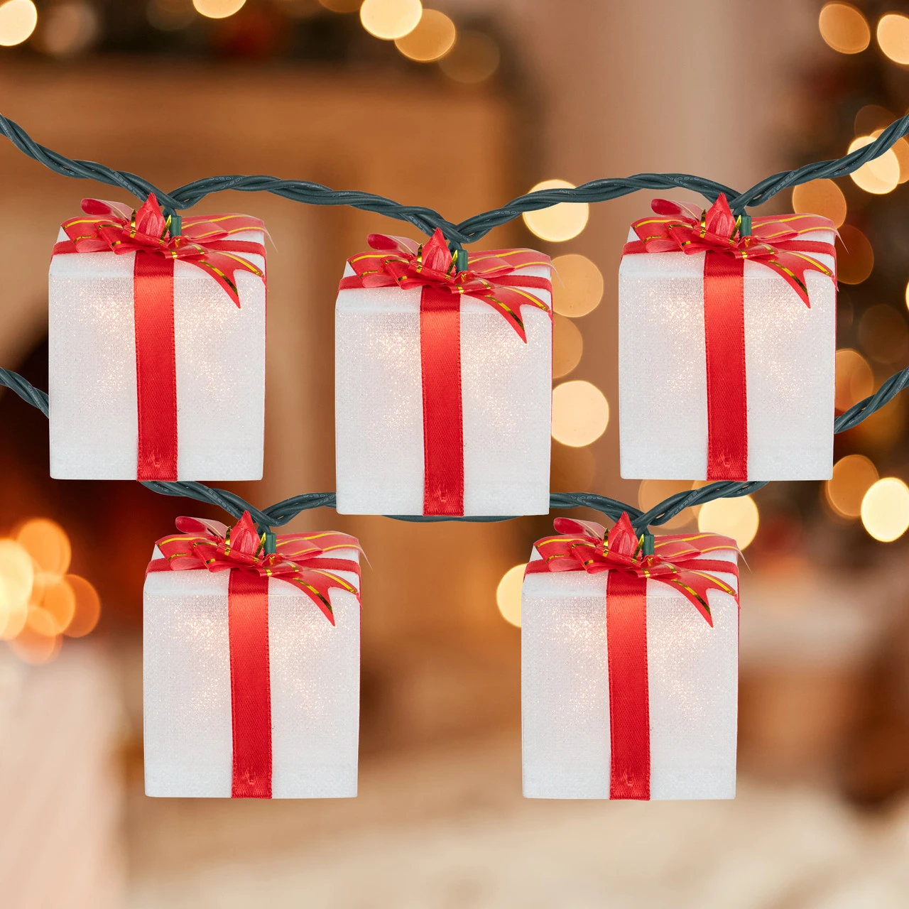 10-Count White And Red Christmas Present Light Set- 7.5ft, Green Wire 3 10-Count White And Red Christmas Present Light Set- 7.5ft, Green Wire