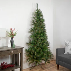 7.5' Pre-Lit Slim Canyon Pine Half Wall Artificial Christmas Tree - Clear Lights -Optimal Christmas Shop northlight ytc346 gr style 86918.1667263639