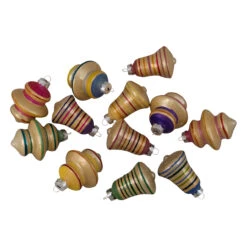 12ct Purple 2-Finish Striped Glass Christmas Finial And Bell Ornaments 2.75"