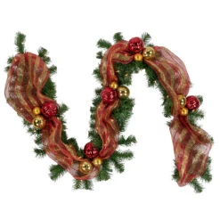 6ft Pre-Lit Decorated Red And Gold Artificial Christmas Garland, Clear Lights