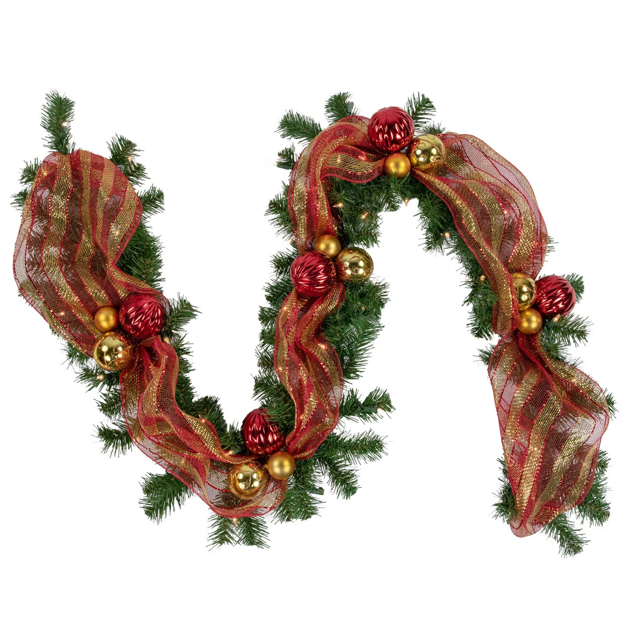 6ft Pre-Lit Decorated Red And Gold Artificial Christmas Garland, Clear Lights 3 6ft Pre-Lit Decorated Red And Gold Artificial Christmas Garland, Clear Lights
