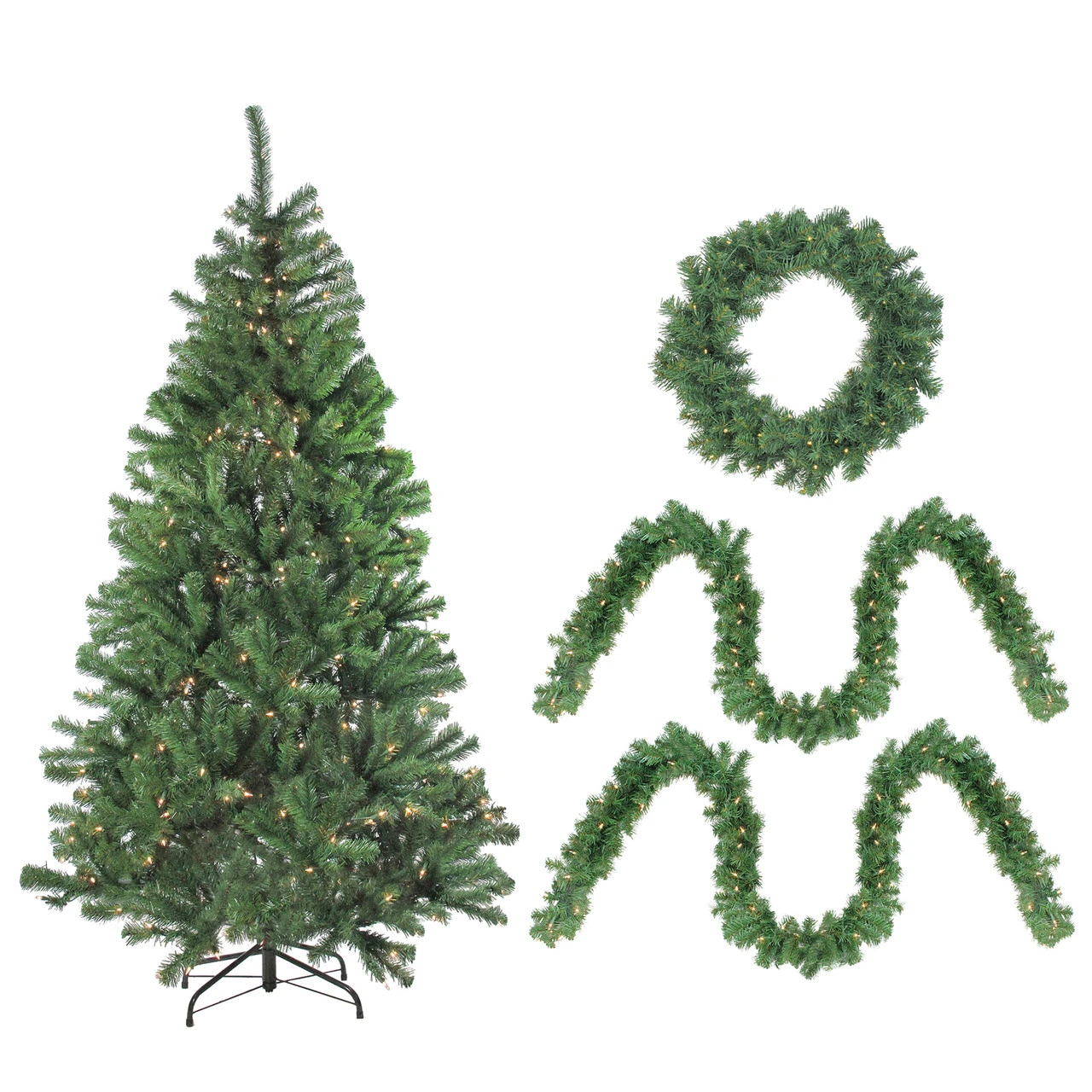 4-Piece Artificial Winter Spruce Christmas Tree, Wreath And Garland Set 6.5' - Clear Lights 3 4-Piece Artificial Winter Spruce Christmas Tree, Wreath And Garland Set 6.5' - Clear Lights