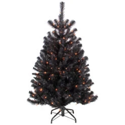 4ft Pre-Lit Black Noble Spruce Artificial Halloween Tree, Orange Lights