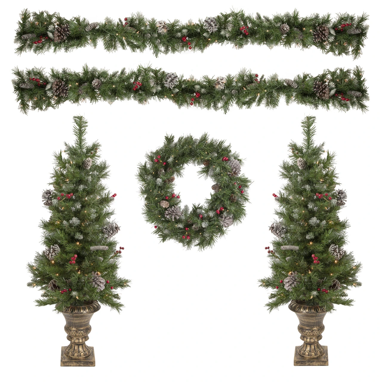 5-Piece Pre-Lit Frosted Verona Berry Pine Artificial Christmas Entryway Set 3 5-Piece Pre-Lit Frosted Verona Berry Pine Artificial Christmas Entryway Set