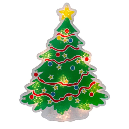 12.5" Lighted Holographic Christmas Tree Window Silhouette Decor