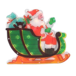 17" Pre-Lit Green And Red Holographic Santa In Sleigh Christmas Window Silhouette Decoration