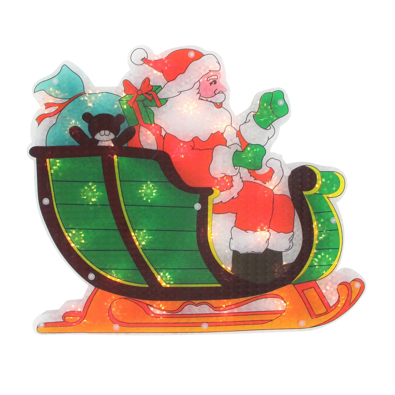 17" Pre-Lit Green And Red Holographic Santa In Sleigh Christmas Window Silhouette Decoration 3 17" Pre-Lit Green And Red Holographic Santa In Sleigh Christmas Window Silhouette Decoration