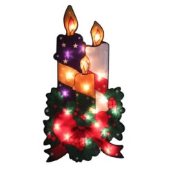 17.5" Lighted Holly And Berry With Candles And Bow Christmas Window Silhouette