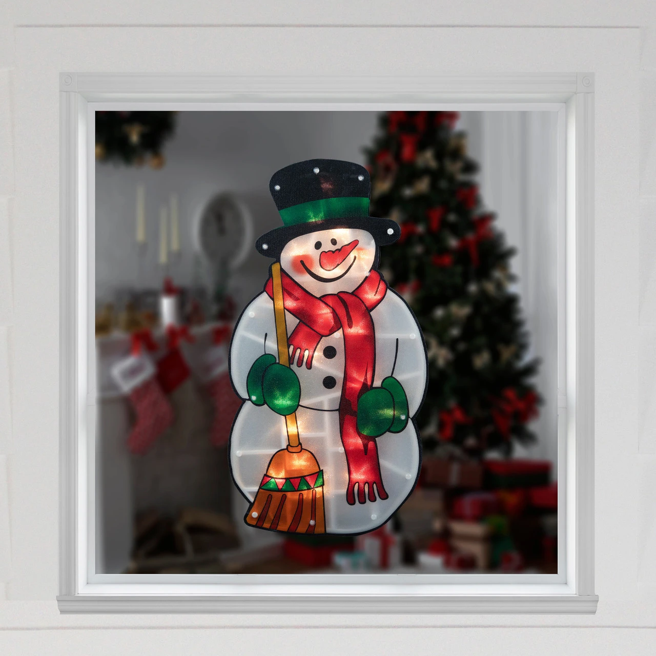 17.5" Lighted Snowman With Broom Christmas Window Silhouette 4 17.5" Lighted Snowman With Broom Christmas Window Silhouette - Image 2