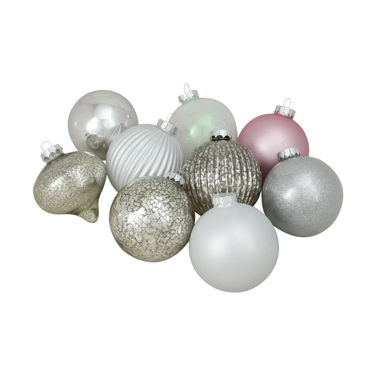 9ct Silver 3-Finish Shatterproof Christmas Ball And Onion Ornaments 3.75" (95mm) 3 9ct Silver 3-Finish Shatterproof Christmas Ball And Onion Ornaments 3.75" (95mm)