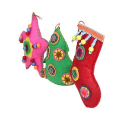 Set Of 3 Vibrantly Colored Bohemian Plush Star, Tree, And Stocking Christmas Ornaments 5" -Optimal Christmas Shop raz 3814135 3 07230.1667659728