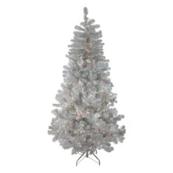 6.5' Pre-Lit FullMetallic Silver Tinsel Artificial Christmas Tree, Clear Lights