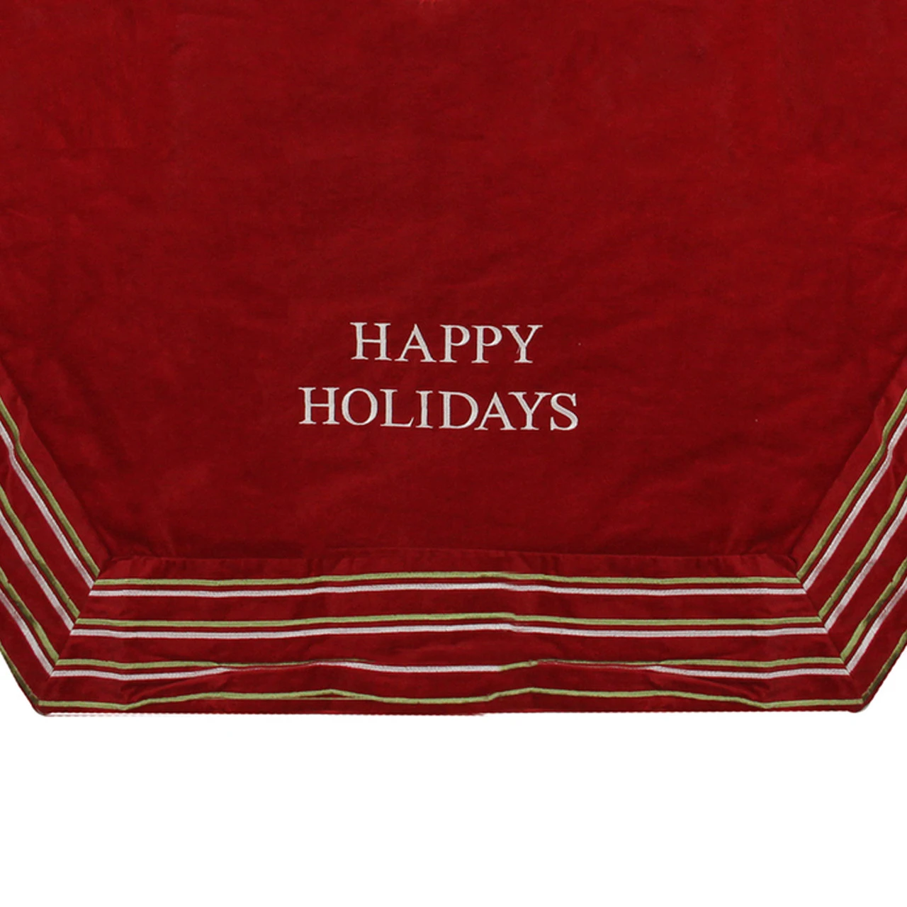 56" Red And White 'Happy Holidays' Christmas Tree Skirt With Striped Trim 4 56" Red And White 'Happy Holidays' Christmas Tree Skirt With Striped Trim - Image 2