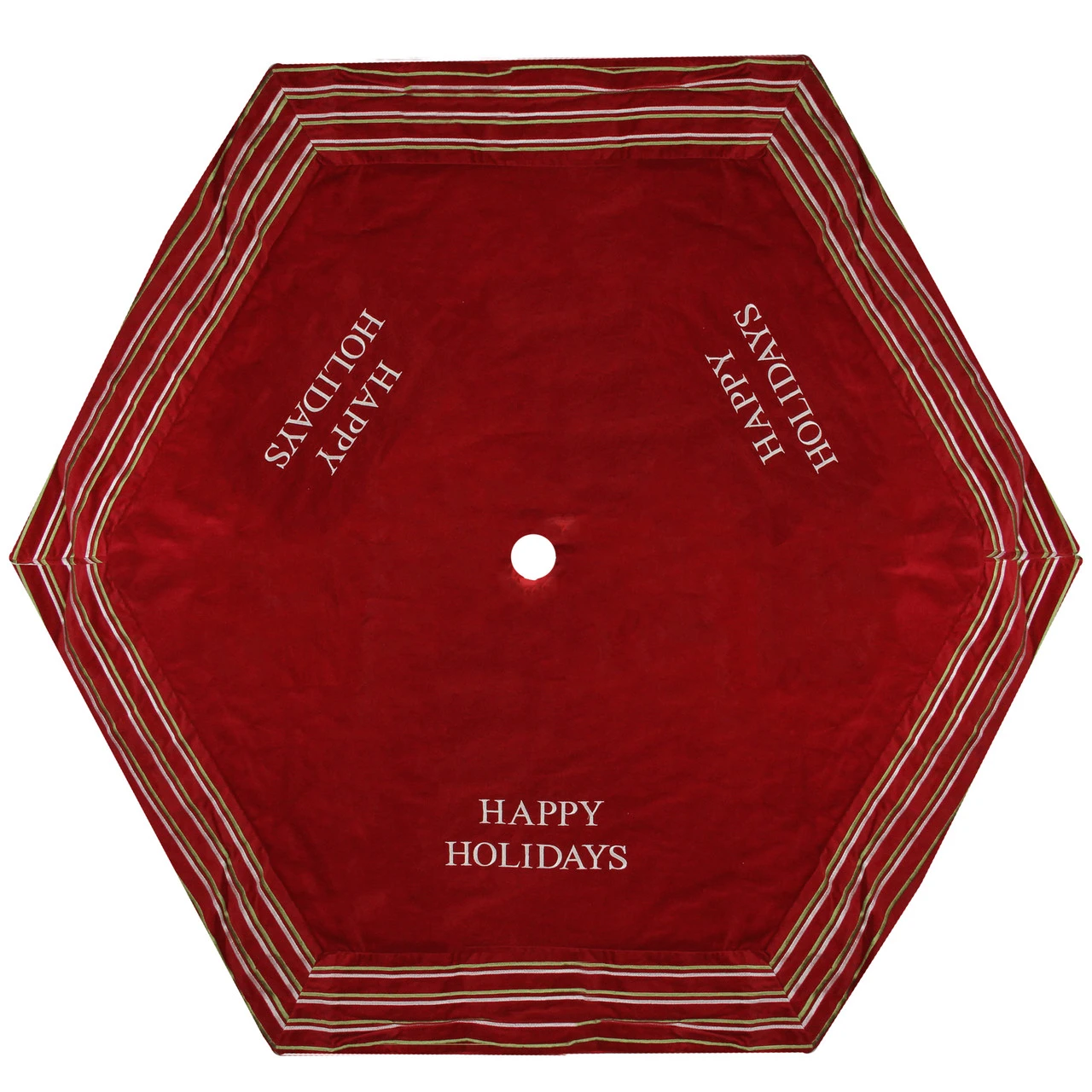 56" Red And White 'Happy Holidays' Christmas Tree Skirt With Striped Trim 3 56" Red And White 'Happy Holidays' Christmas Tree Skirt With Striped Trim