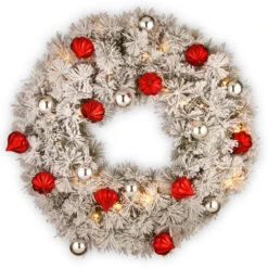 30” Pre-Lit Snowy Bristle Pine Wreath With Battery Operated Warm White LED Lights With Timer