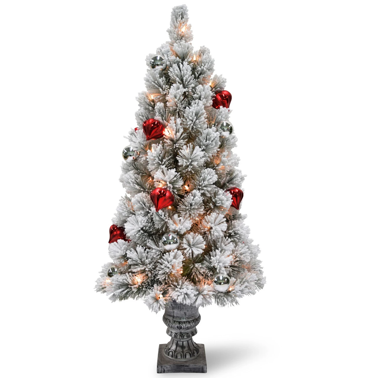 4’ Pre-Lit Snowy Bristle Pine Entrance Tree With Clear Lights In Silver Pot 3 4’ Pre-Lit Snowy Bristle Pine Entrance Tree With Clear Lights In Silver Pot