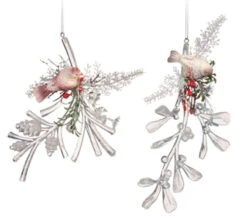 Pack Of 4 Clear Icy Crystal Decorative Christmas Bird On Branch Ornaments 6"