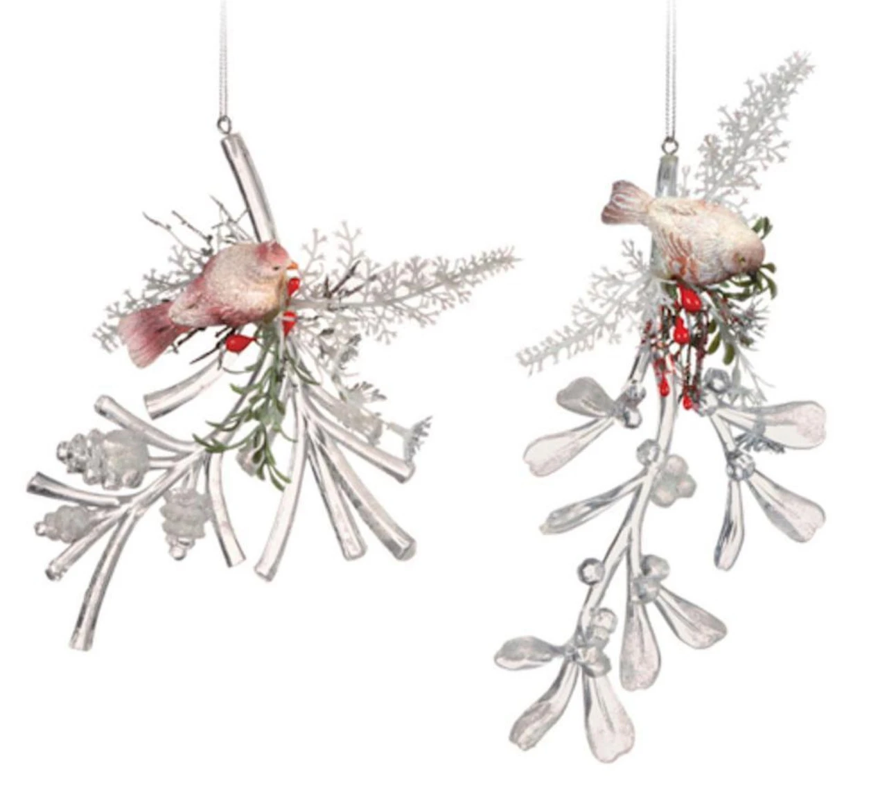 Pack Of 4 Clear Icy Crystal Decorative Christmas Bird On Branch Ornaments 6" 3 Pack Of 4 Clear Icy Crystal Decorative Christmas Bird On Branch Ornaments 6"
