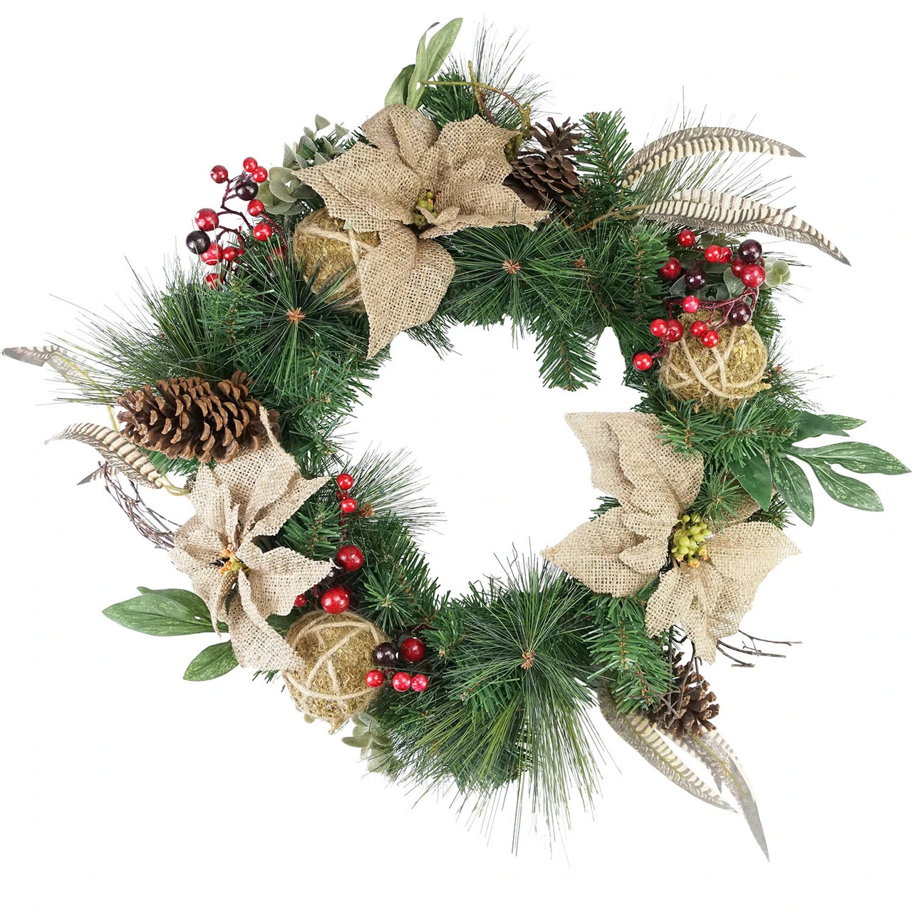 Mixed Pine Berry And Burlap Poinsettia Artificial Christmas Wreath - 24-Inch, Unlit 3 Mixed Pine Berry And Burlap Poinsettia Artificial Christmas Wreath - 24-Inch, Unlit
