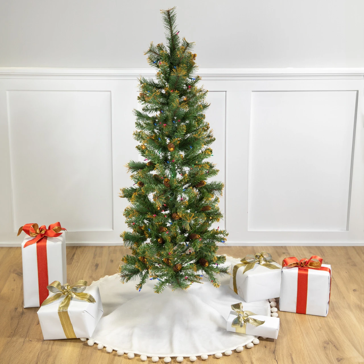 4.5' Pre-Lit Yorkville Pine Pencil Artificial Christmas Tree - Multicolored Lights 3 4.5' Pre-Lit Yorkville Pine Pencil Artificial Christmas Tree - Multicolored Lights