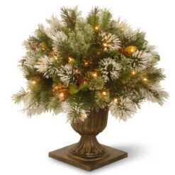 24” Pre-lit Potted Wintry Pine Porch Bush Artificial Christmas Tree – Clear Lights