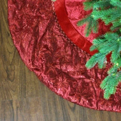 60" Red Velvet Damask Sequin Embroidered Poinsettia Trimmed Scalloped Edge Christmas Tree Skirt